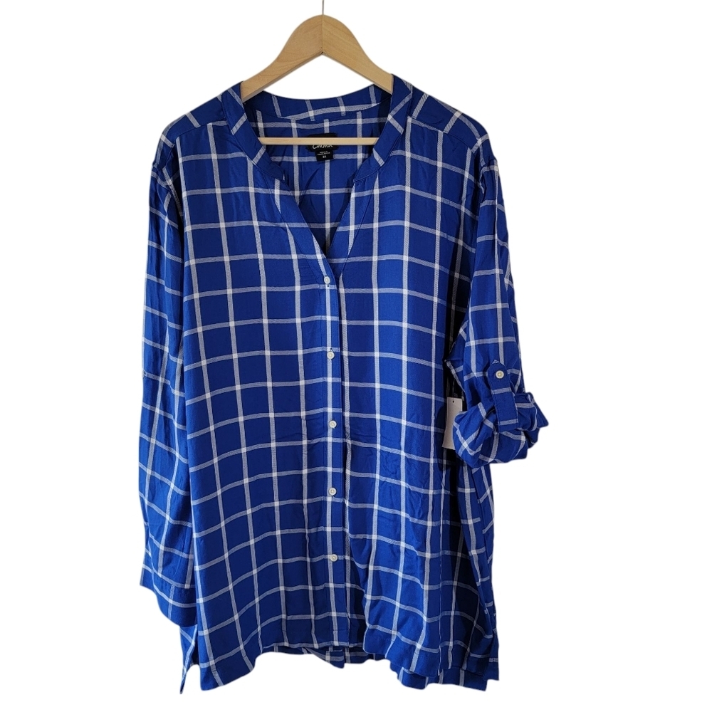 NEW Simply Emma Blue Plaid Button-Up Tunic Shirt 2X Rayon Lagenlook Minimalist